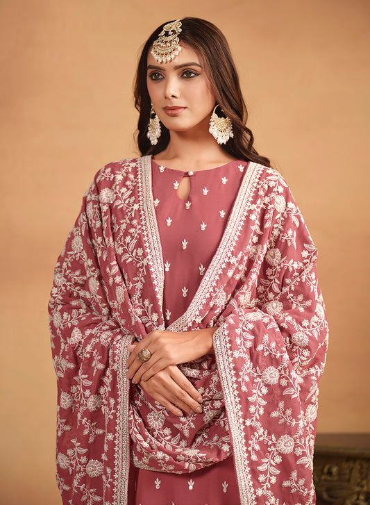 Rust Faux Georgette Embroidered Trendy Salwar Suit
