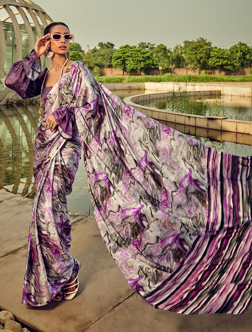 White & Purple Digital Print Satin Silk Cocktail Saree