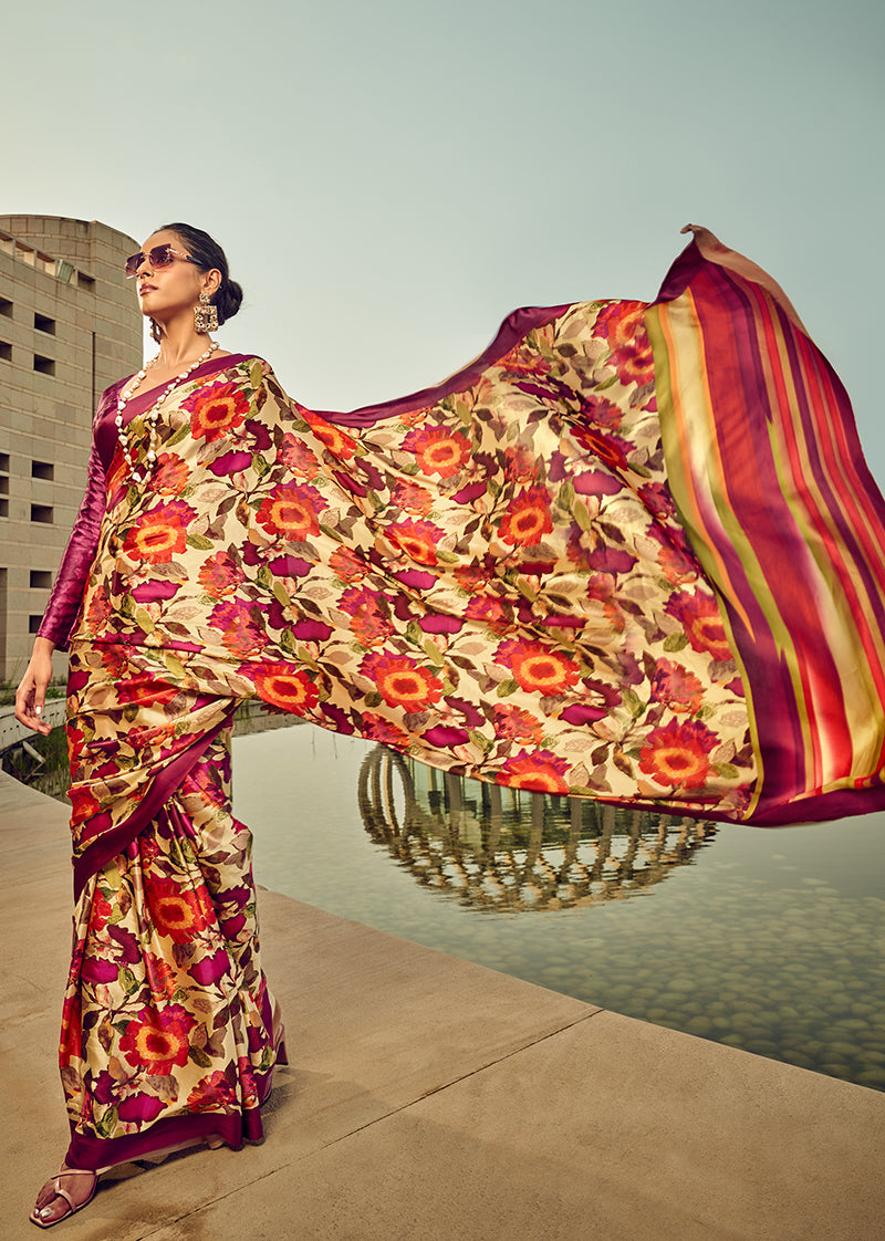 Multi Digital Print Satin Silk Cocktail Saree