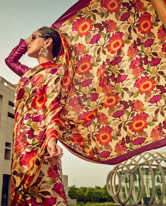 Multi Digital Print Satin Silk Cocktail Saree