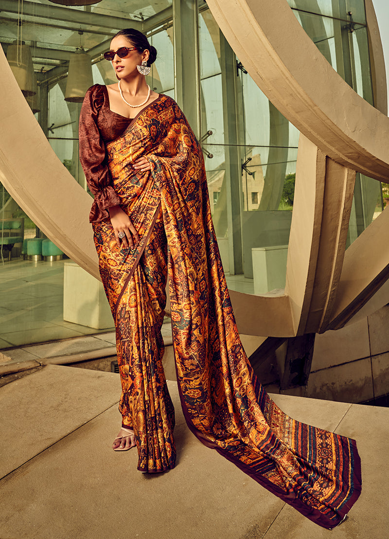 Multi Digital Print Satin Silk Cocktail Saree
