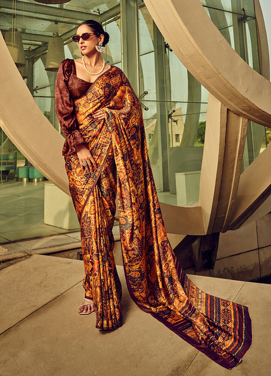 Multi Digital Print Satin Silk Cocktail Saree