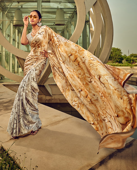 Beige Digital Print Satin Silk Cocktail Saree