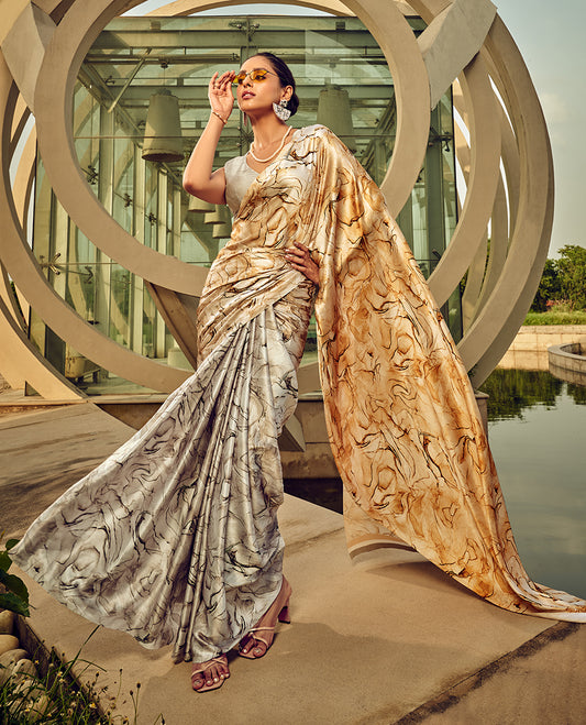 Beige Digital Print Satin Silk Cocktail Saree