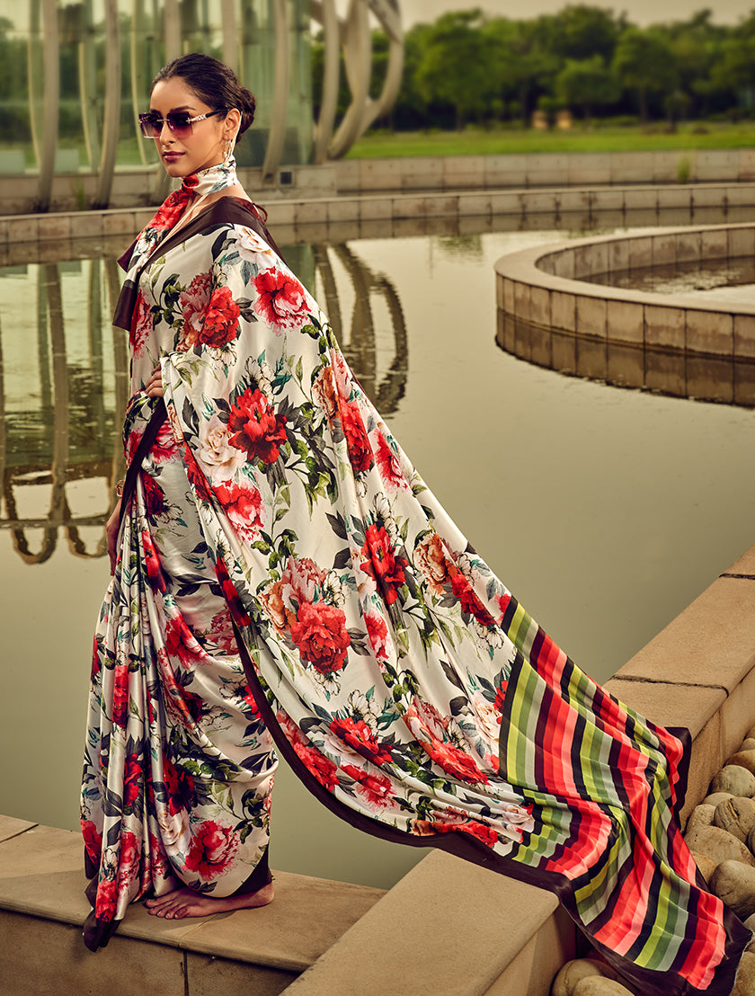 Off-White & Red Digital Print Satin Silk Cocktail Saree