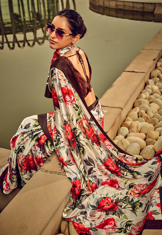 Off-White & Red Digital Print Satin Silk Cocktail Saree