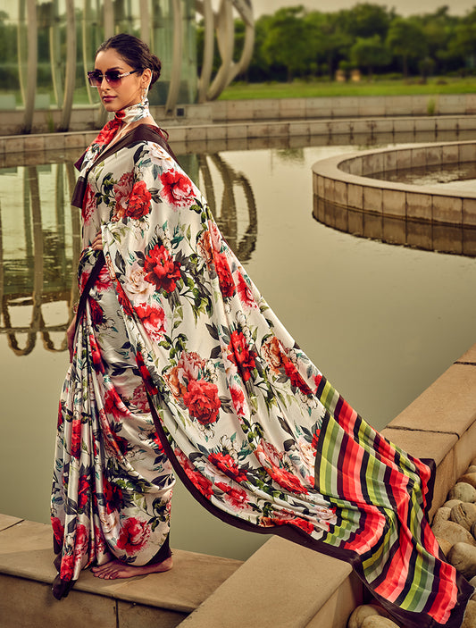 Off-White & Red Digital Print Satin Silk Cocktail Saree