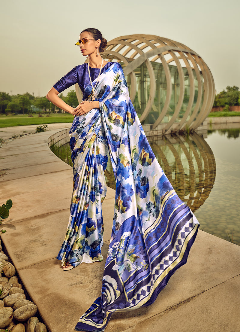 Off-White & Blue Digital Print Satin Silk Cocktail Saree