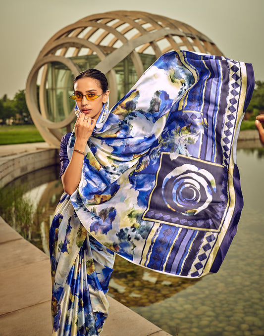 Off-White & Blue Digital Print Satin Silk Cocktail Saree