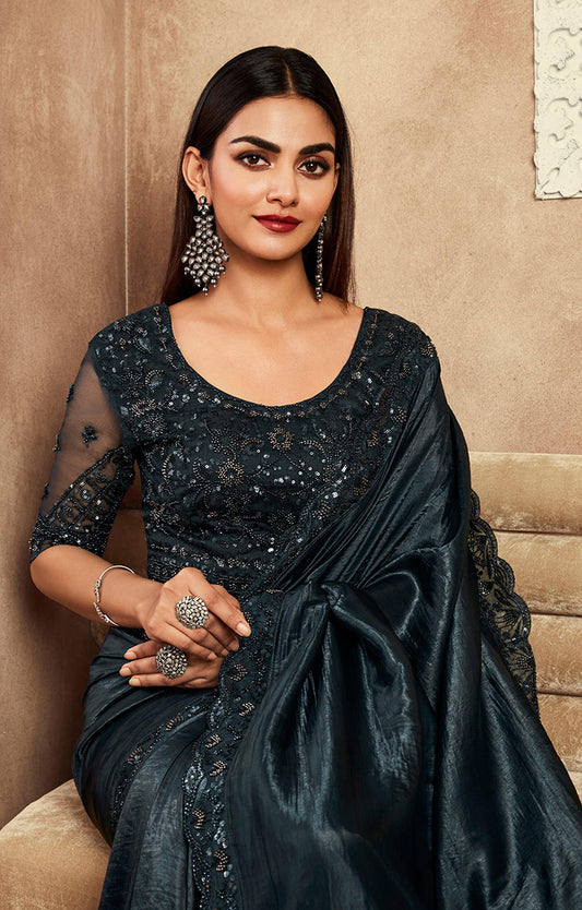 Black Silk Sequins & Thread Work Embellishments Saree