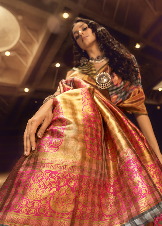 Black & Pink Woven Organza Checks Classic Saree