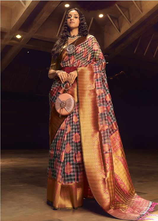Black & Pink Woven Organza Checks Classic Saree