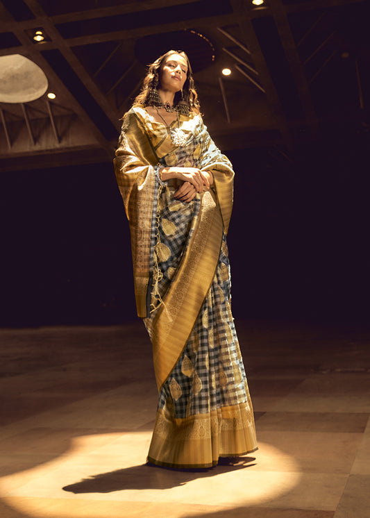Black & Gold Woven Organza Checks Classic Saree