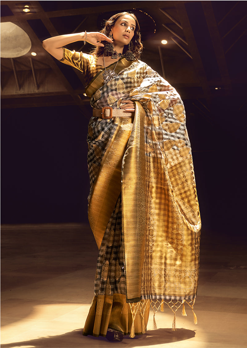 Black & Gold Woven Organza Checks Classic Saree