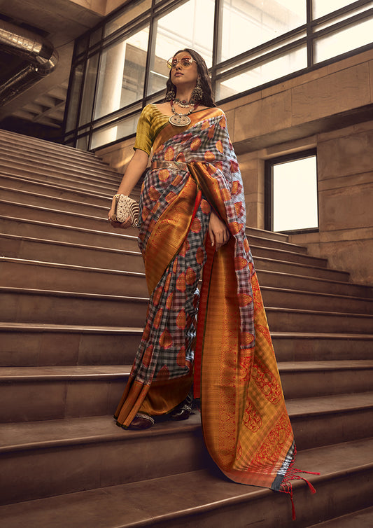 Black & Red Woven Organza Checks Classic Saree