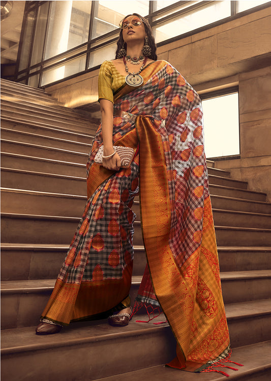 Black & Red Woven Organza Checks Classic Saree