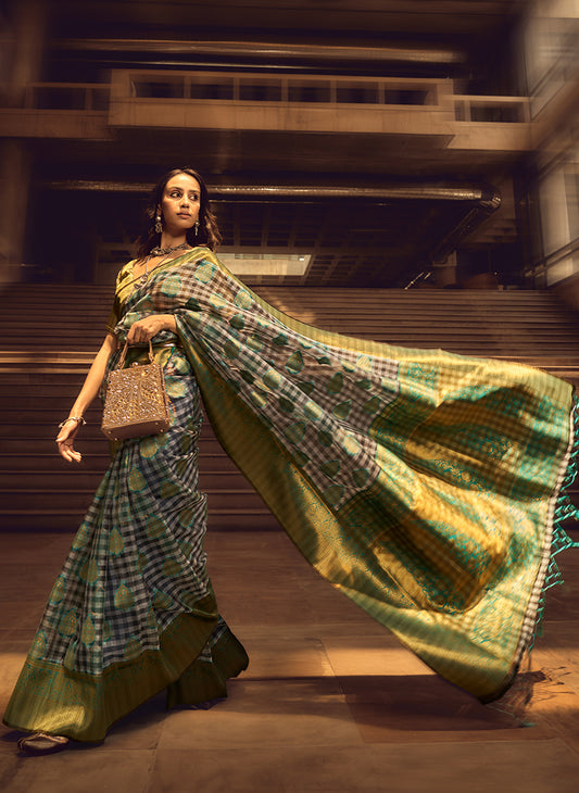 Black & Cyan Woven Organza Checks Classic Saree