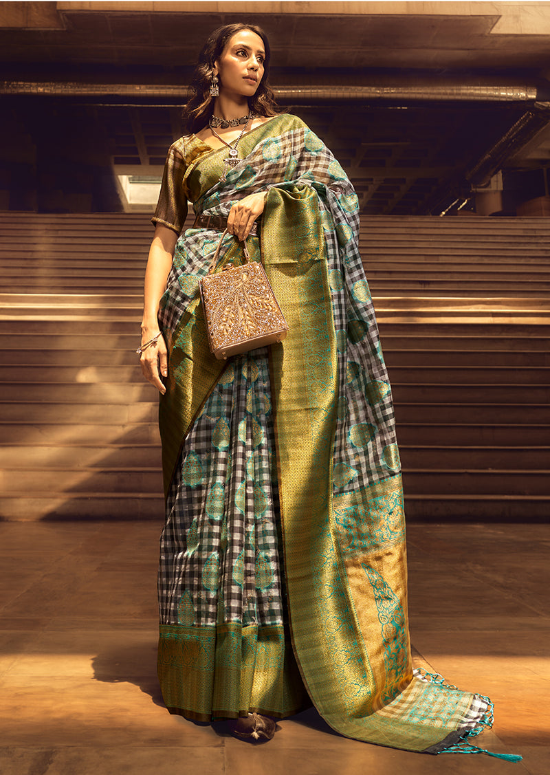 Black & Cyan Woven Organza Checks Classic Saree