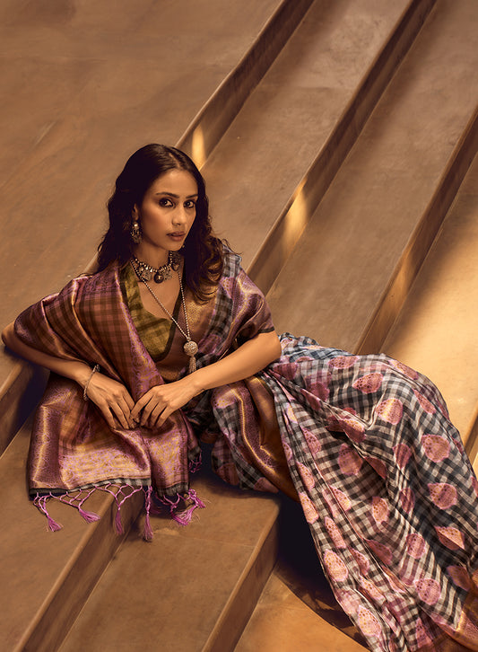 Black & Pink Woven Organza Checks Classic Saree