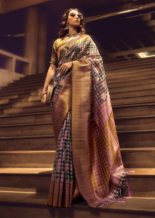 Black & Pink Woven Organza Checks Classic Saree