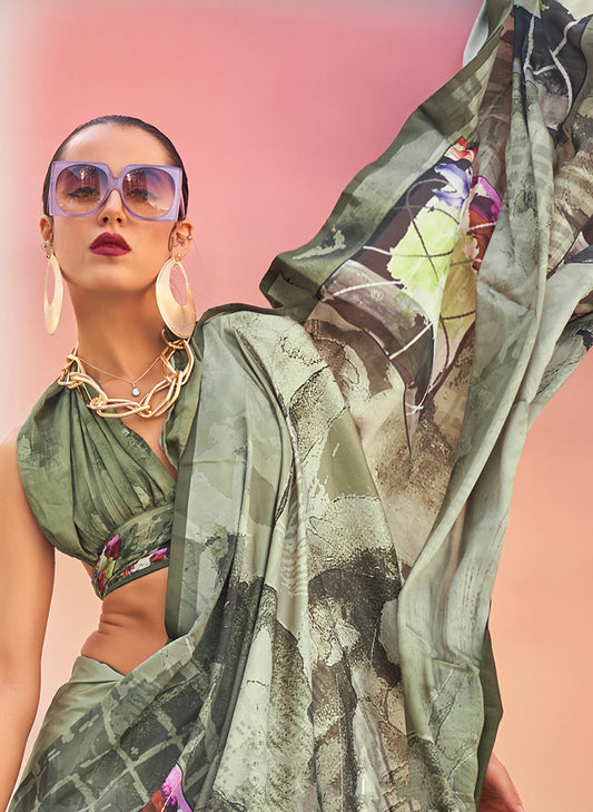 Green Satin Digital Print Saree