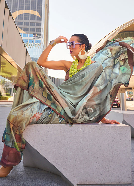 Grey Satin Digital Print Saree