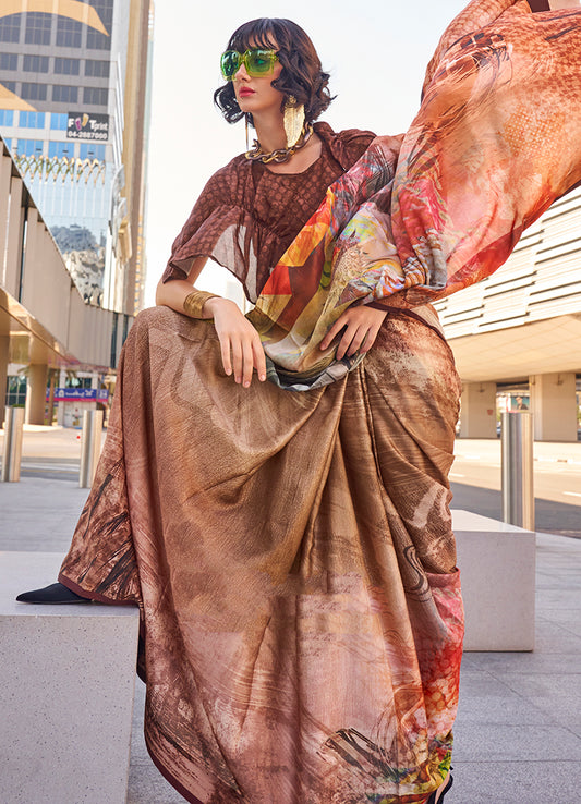 Brown Satin Digital Print Saree