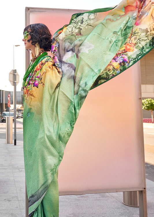 Green Satin Digital Print Saree
