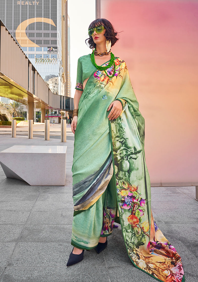 Green Satin Digital Print Saree