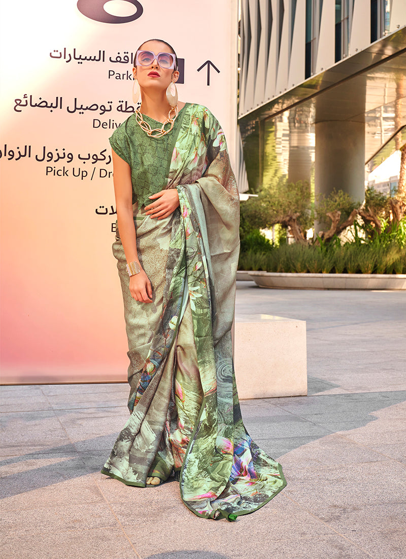 Green Satin Digital Print Saree