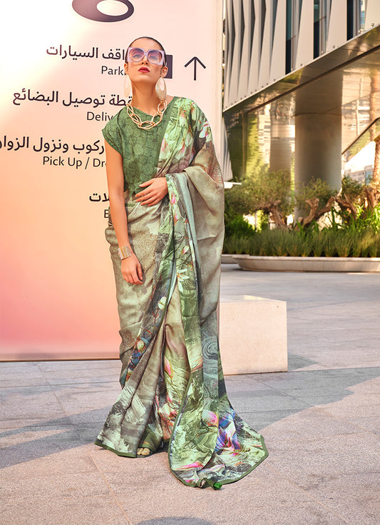 Green Satin Digital Print Saree