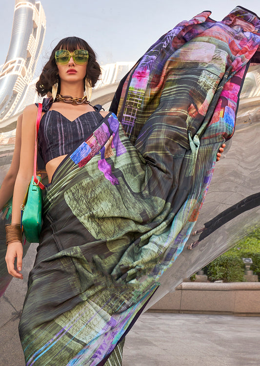 Black Satin Digital Print Saree