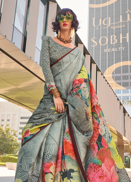 grey Satin Digital Print Saree