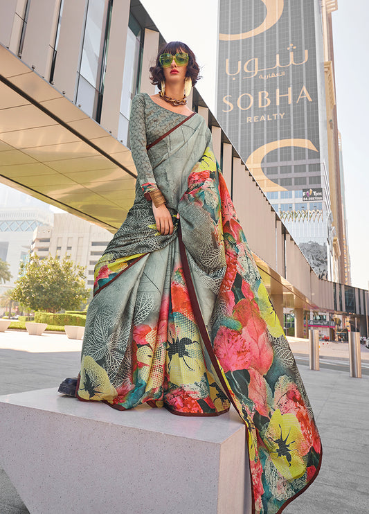 grey Satin Digital Print Saree