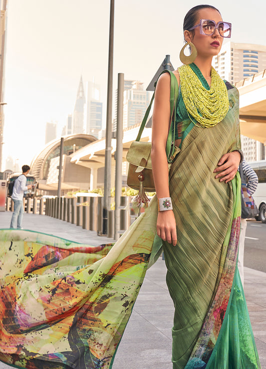 Beige Satin Digital Print Saree