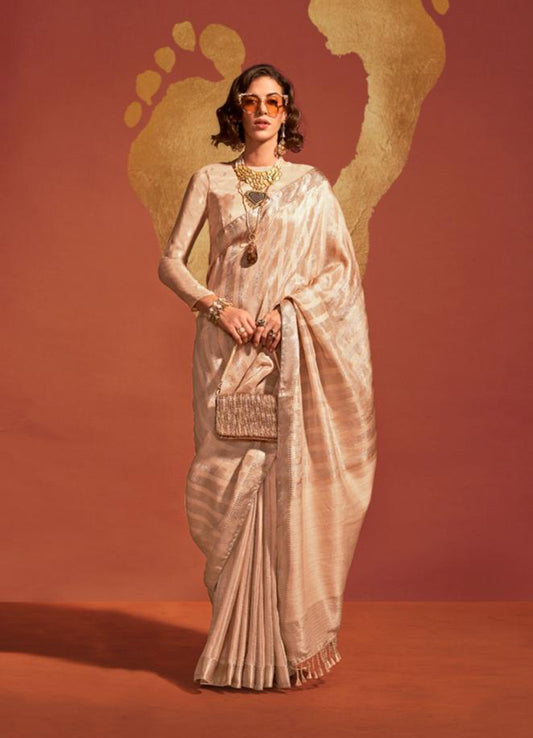 Beige Traditional Zari Woven Viscose Silk Saree