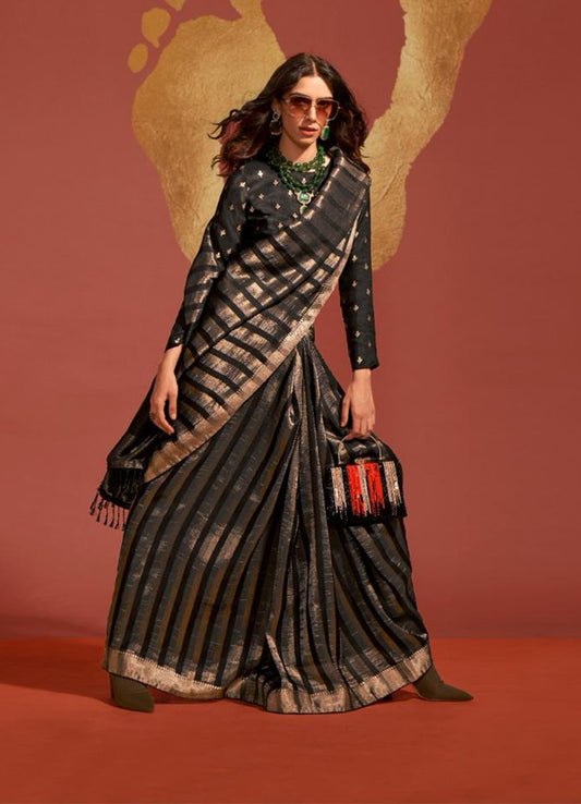 Black Traditional Zari Woven Viscose Silk Saree