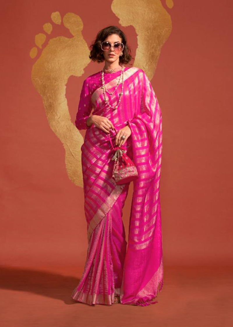 Rani Pink Traditional Zari Woven Viscose Silk Saree