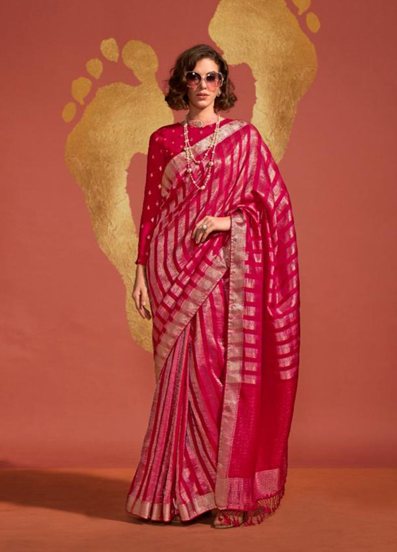 Dark Pink Traditional Zari Woven Viscose Silk Saree