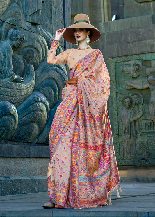 Beige Kashmiri Silk Zari Woven Saree for Festival