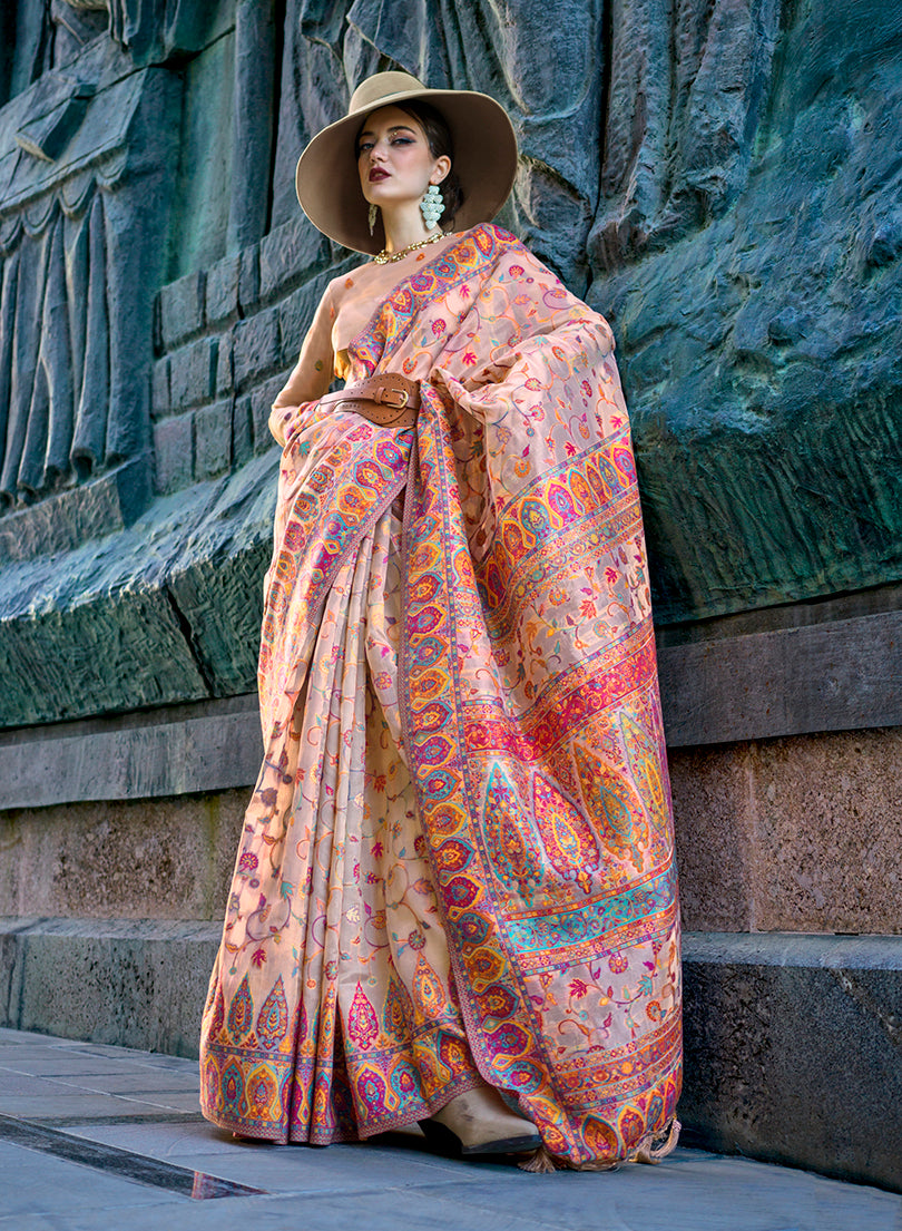 Beige Kashmiri Silk Zari Woven Saree for Festival