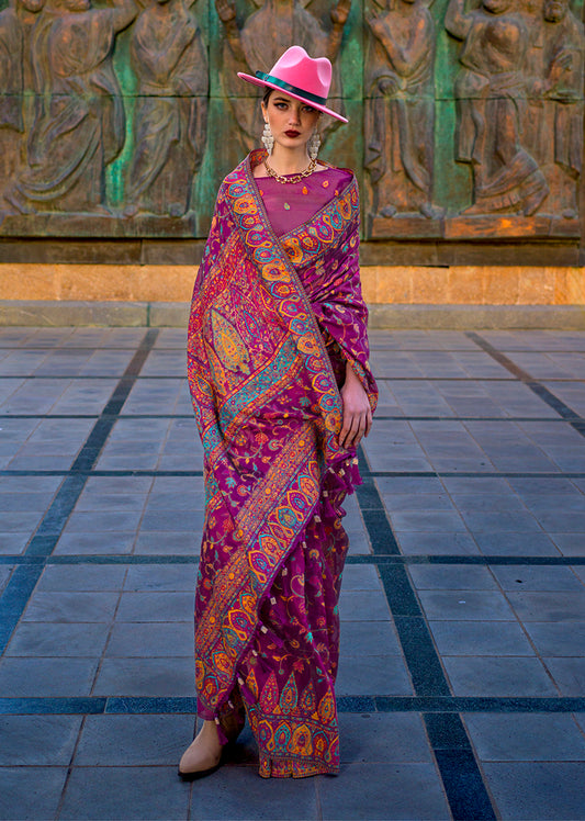Dark Purple Kashmiri Silk Zari Woven Saree for Festival
