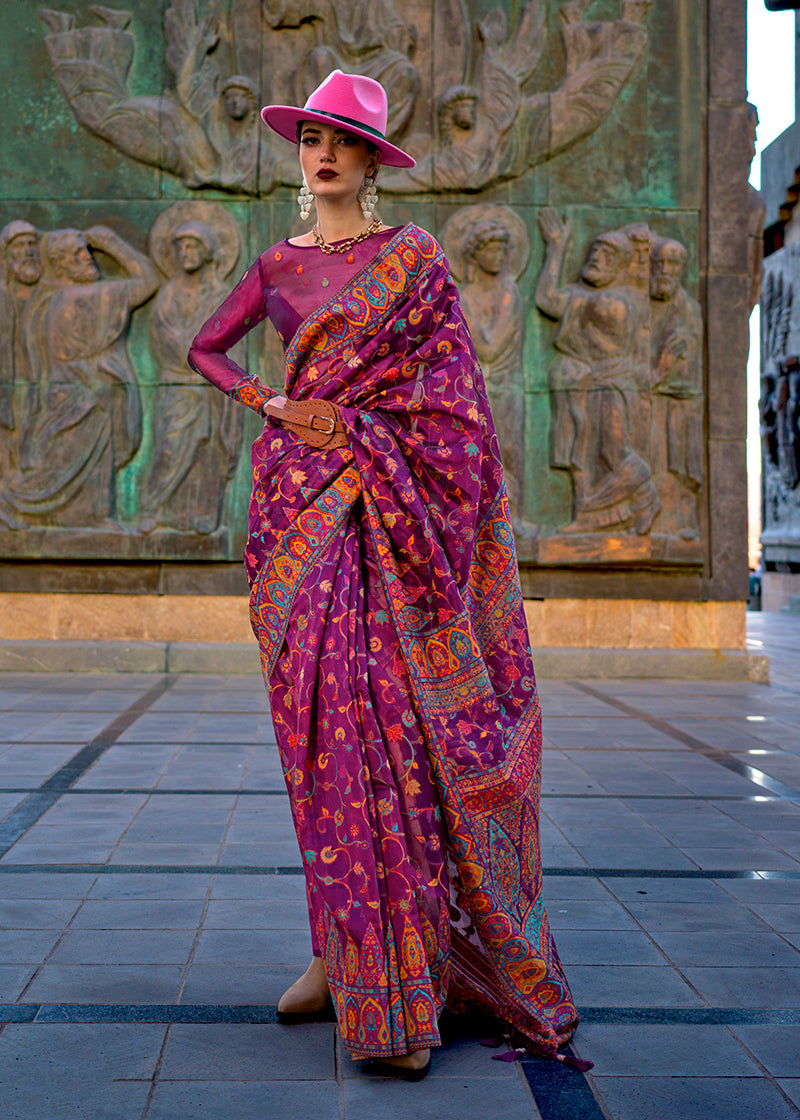 Dark Purple Kashmiri Silk Zari Woven Saree for Festival