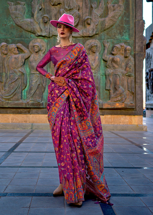 Dark Purple Kashmiri Silk Zari Woven Saree for Festival
