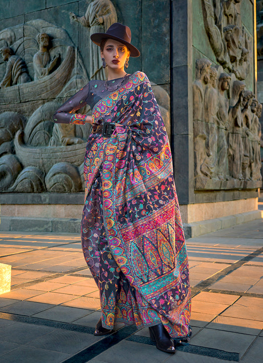 Navy Blue Kashmiri Silk Zari Woven Saree for Festival
