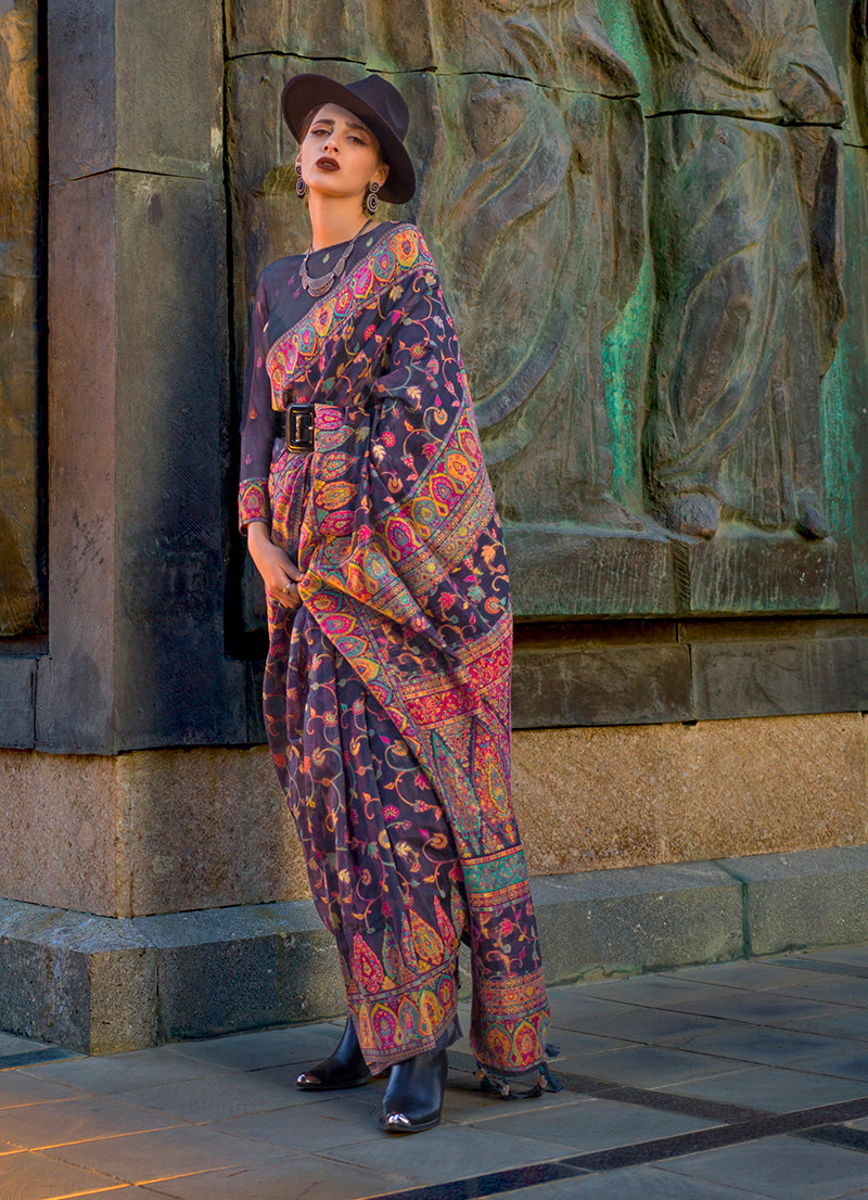 Navy Blue Kashmiri Silk Zari Woven Saree for Festival