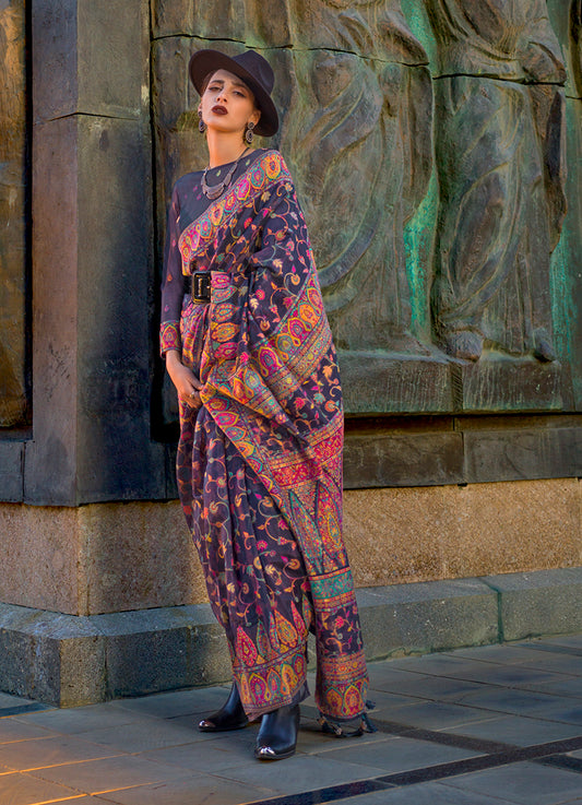 Navy Blue Kashmiri Silk Zari Woven Saree for Festival