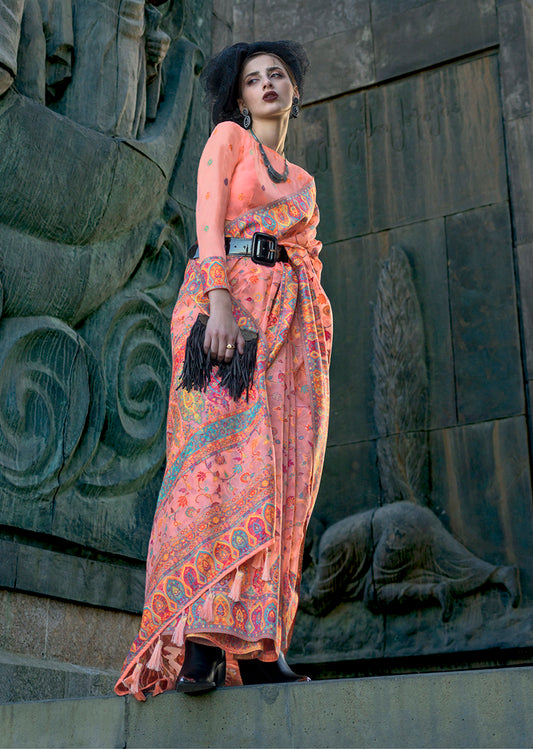 Peach Kashmiri Silk Zari Woven Saree for Festival