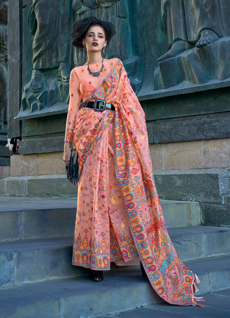 Peach Kashmiri Silk Zari Woven Saree for Festival