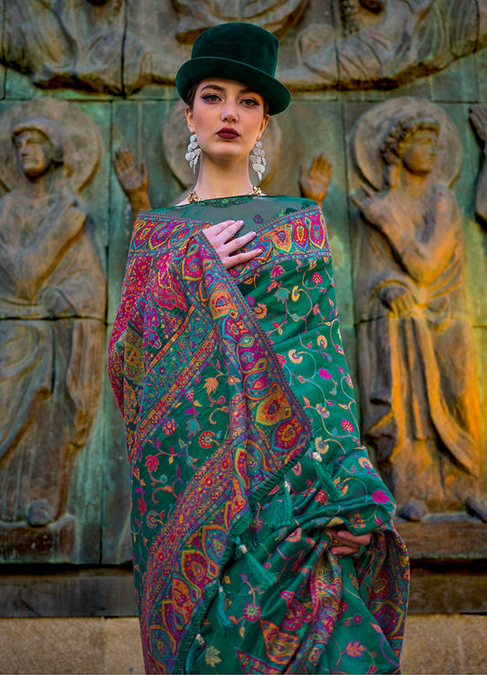Green Kashmiri Silk Zari Woven Saree for Festival